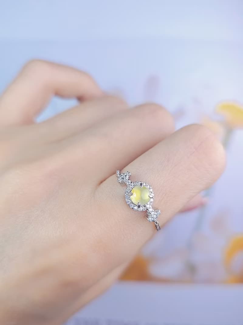 招財|馬卡龍玻璃黃戒鏈|緬甸翡翠黃翡無燒蛋面純銀款戒指