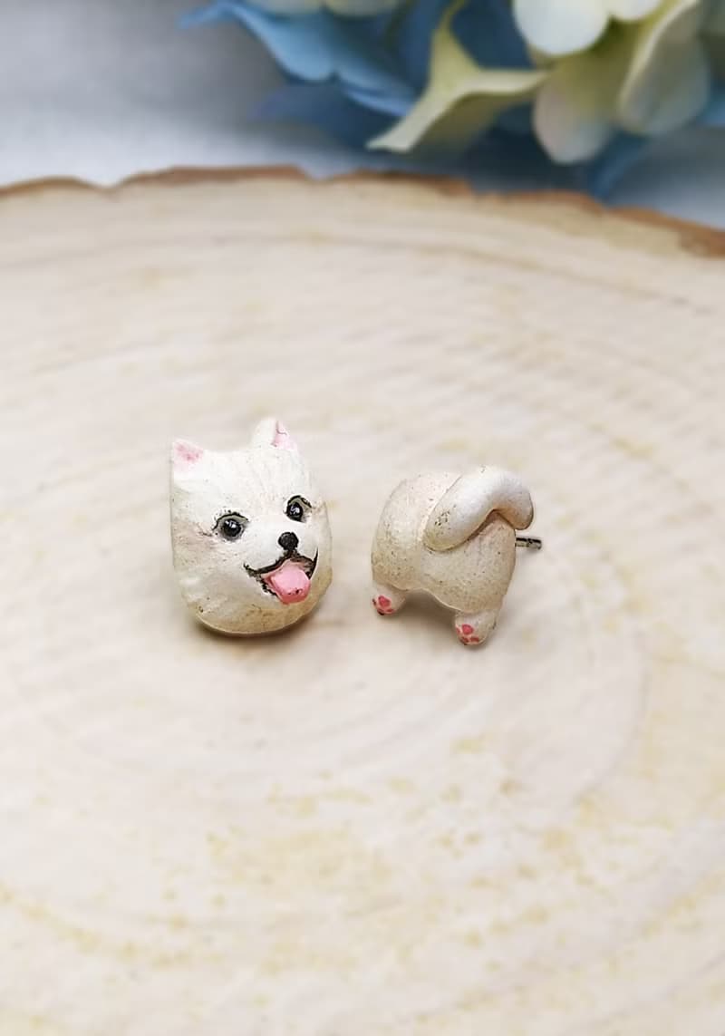 全手作 杏色 松鼠狗耳環 博美犬耳環 防敏感耳針 耳釘/耳夾
