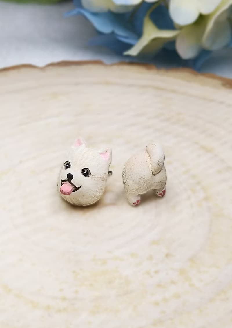 全手作 杏色 松鼠狗耳環 博美犬耳環 防敏感耳針 耳釘/耳夾
