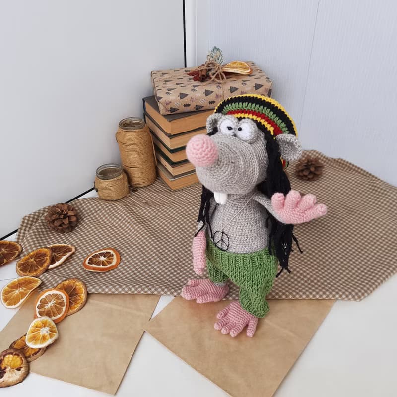 Interior toy rat in the style of Rasta Bob Marley. Funny mouse gift to a friend