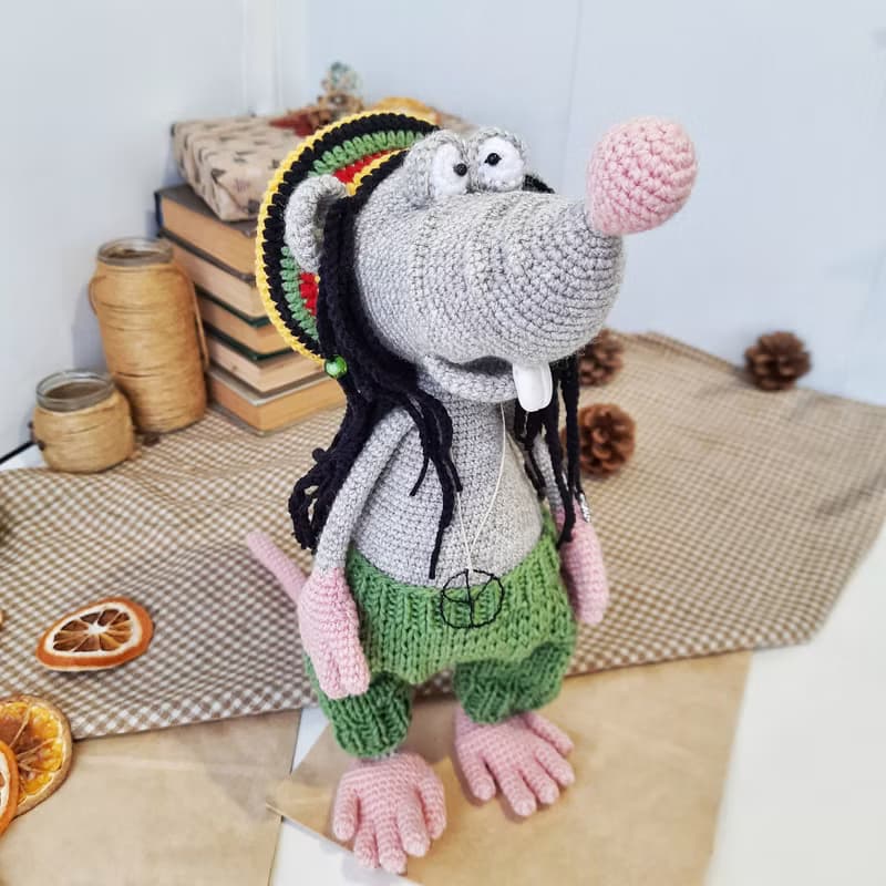 Interior toy rat in the style of Rasta Bob Marley. Funny mouse gift to a friend