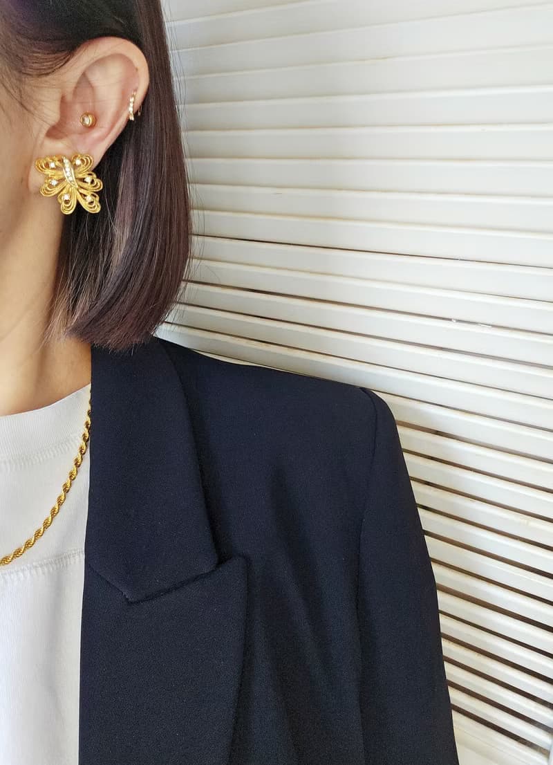 啞光金繩邊蝶影萊茵夾式耳環/vintage美國西洋古董飾品