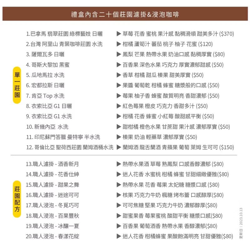 濾泡咖啡禮盒│二十個莊園綜合(10gx20包/組附提袋)含藝妓/阿里山