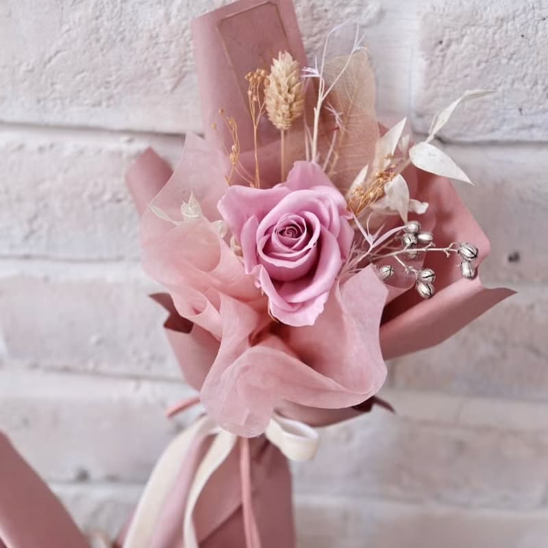 石英粉 單朵永生玫瑰花束 (中輪玫) -中