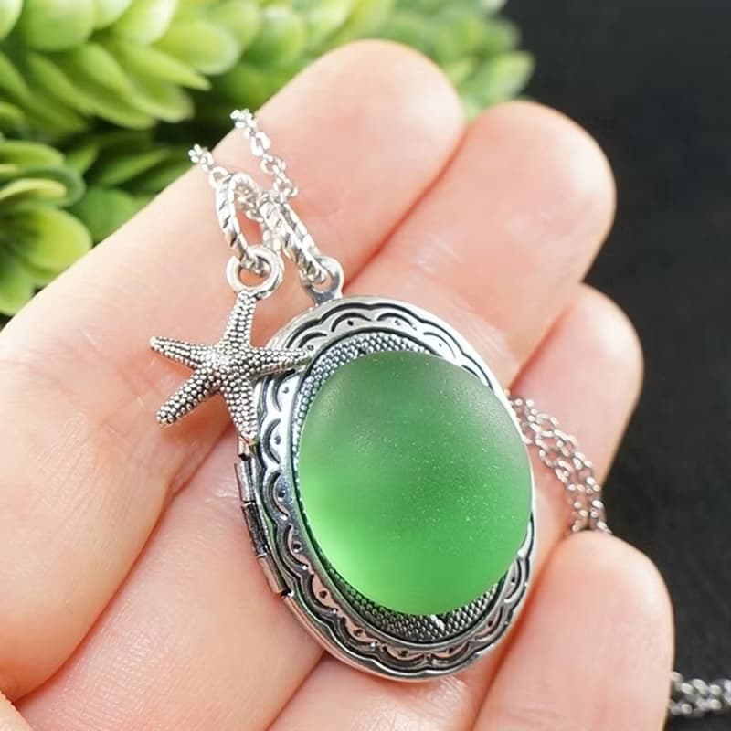 Bottle Green Sea Glass Photo Locket Starfish Marine Pendant Necklace Jewelry