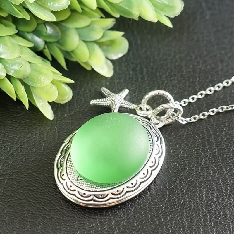 Bottle Green Sea Glass Photo Locket Starfish Marine Pendant Necklace Jewelry