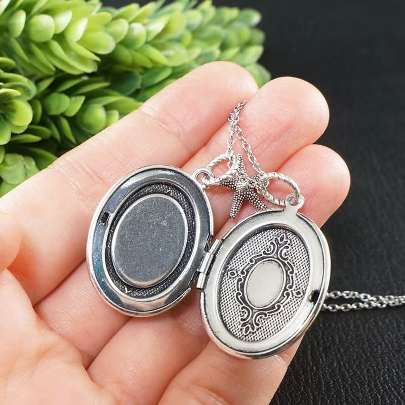 Bottle Green Sea Glass Photo Locket Starfish Marine Pendant Necklace Jewelry