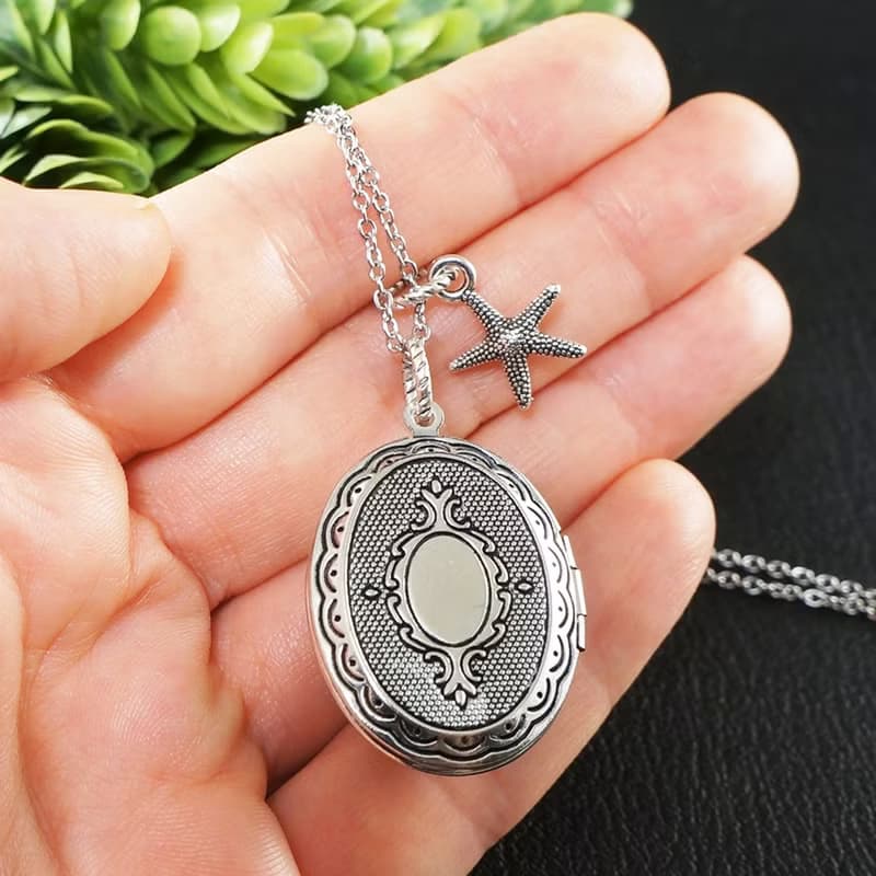 Bottle Green Sea Glass Photo Locket Starfish Marine Pendant Necklace Jewelry