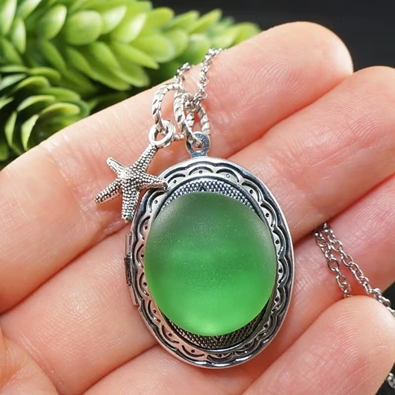 Bottle Green Sea Glass Photo Locket Starfish Marine Pendant Necklace Jewelry