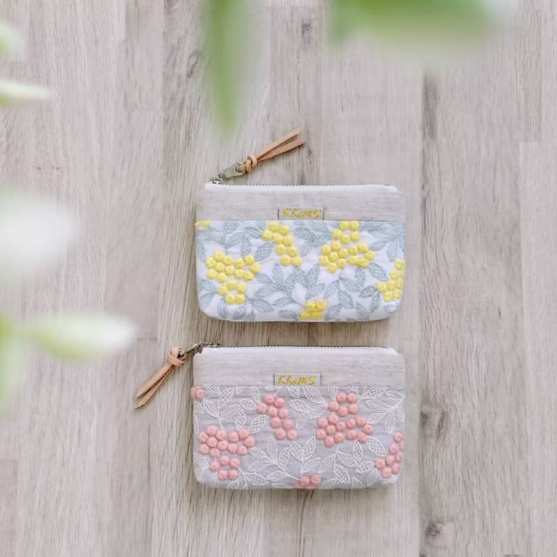 【FWL/四層小錢包】日本刺繡 金合歡 黃 粉 日本刺子布 法國銀蔥