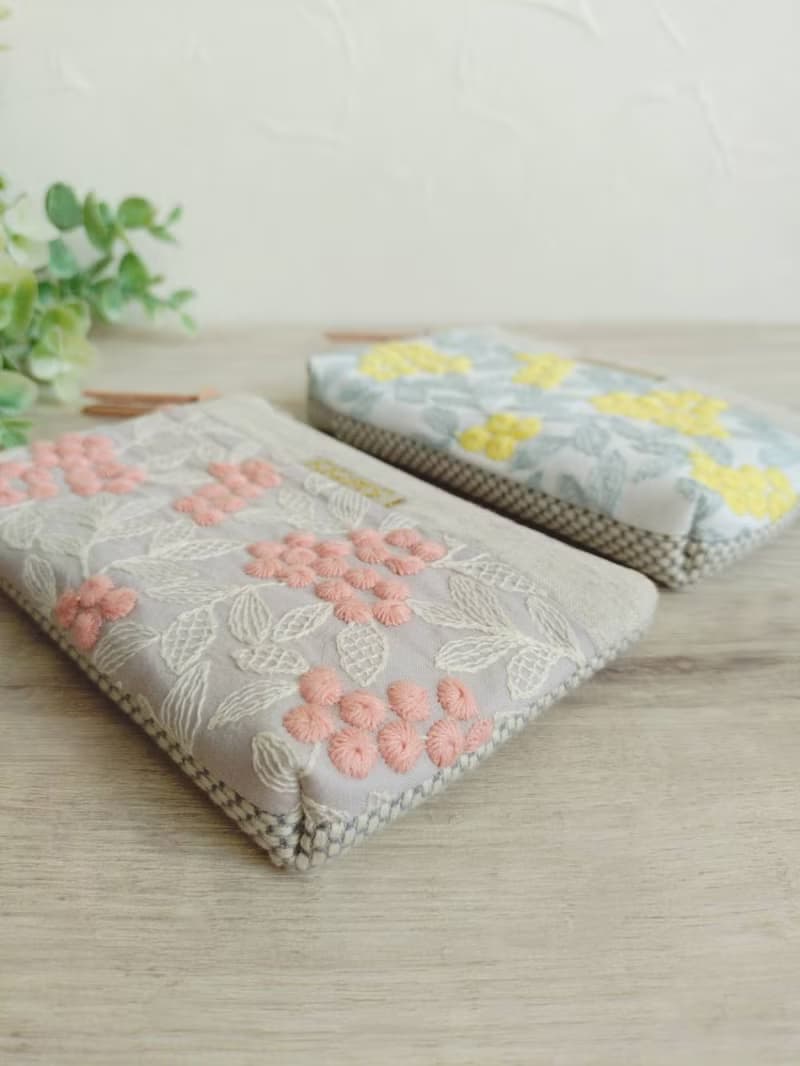 【FWL/四層小錢包】日本刺繡 金合歡 黃 粉 日本刺子布 法國銀蔥