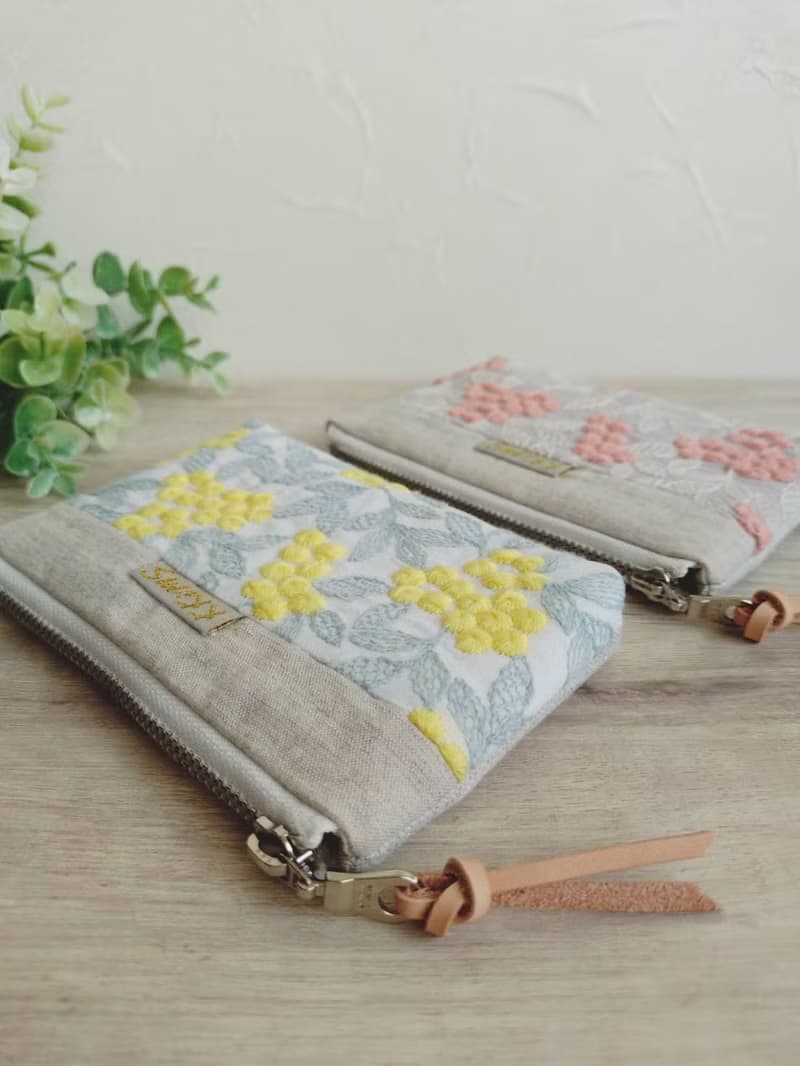 【FWL/四層小錢包】日本刺繡 金合歡 黃 粉 日本刺子布 法國銀蔥