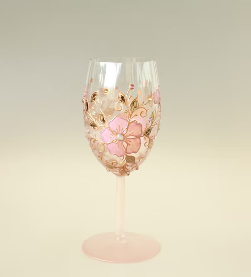 Wine Glass Single, Pink Rose Floral Design Swarovski Crystals Hand Painted