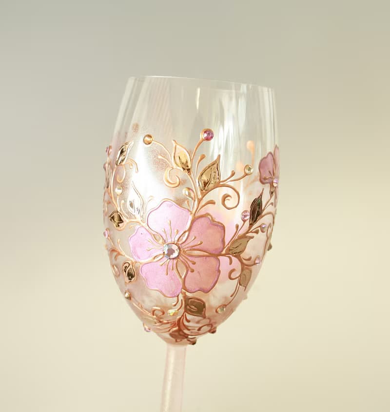 Wine Glass Single, Pink Rose Floral Design Swarovski Crystals Hand Painted