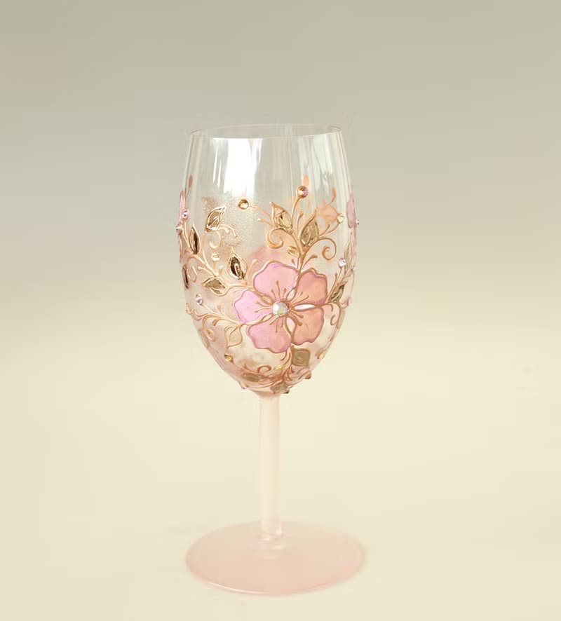 Wine Glass Single, Pink Rose Floral Design Swarovski Crystals Hand Painted