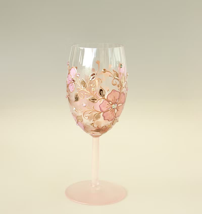 Wine Glass Single, Pink Rose Floral Design Swarovski Crystals Hand Painted