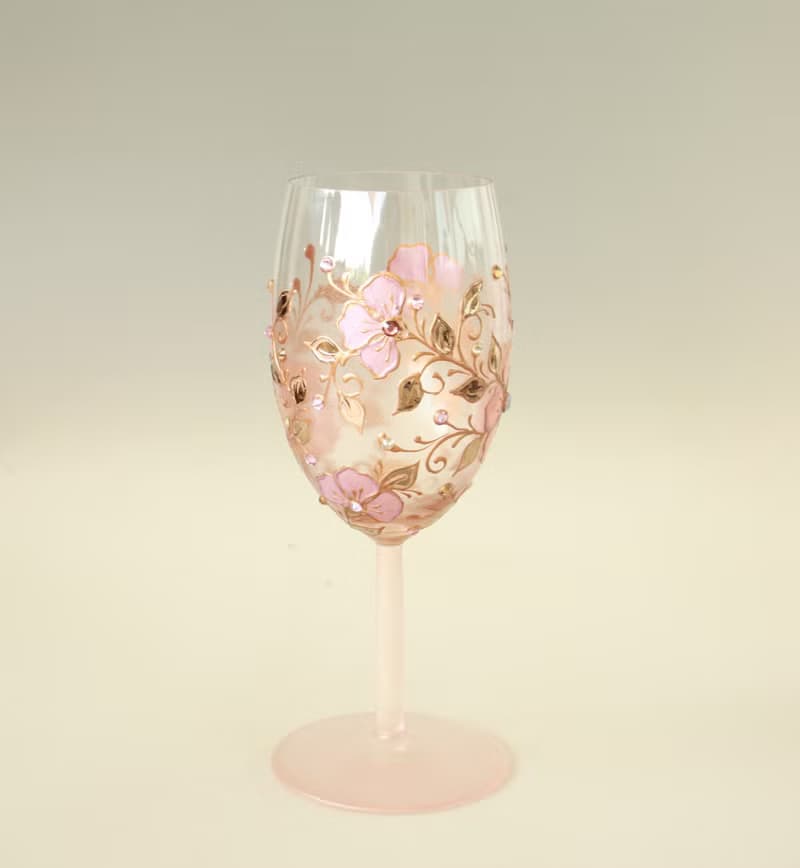 Wine Glass Single, Pink Rose Floral Design Swarovski Crystals Hand Painted