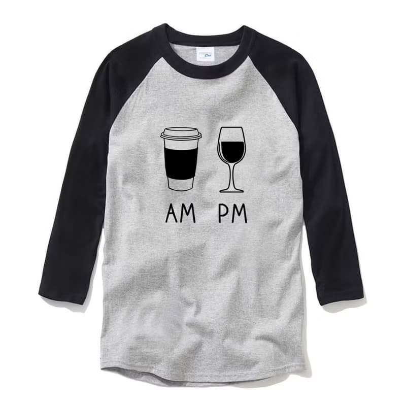 COFFEE AM WINE PM 中性 七分袖T恤 灰黑色 咖啡 酒 插畫 禮物
