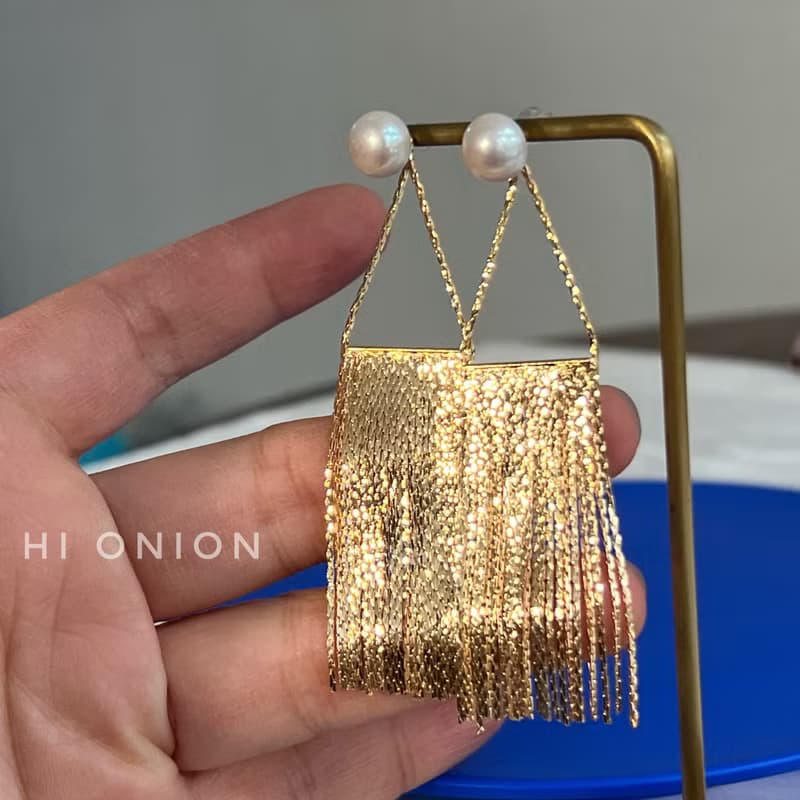 Hi Onion巴黎春夢 小眾設計珍珠耳釘耳夾耳環女高級絲滑流蘇誇張