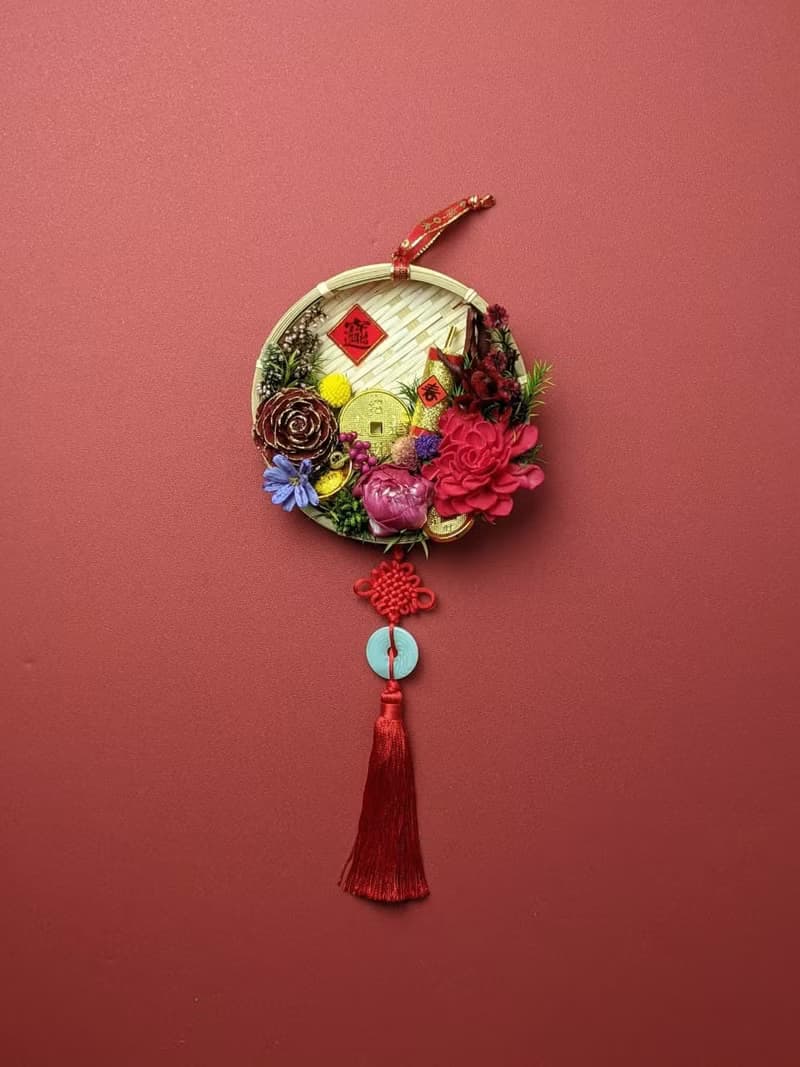 乾燥花米篩開運新年春聯掛飾-招財進寶款15-18cm