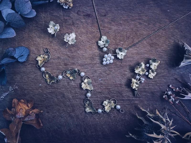 Krementz 珍珠葡萄葉包金耳環・美國古董首飾 Vintage Jewelry