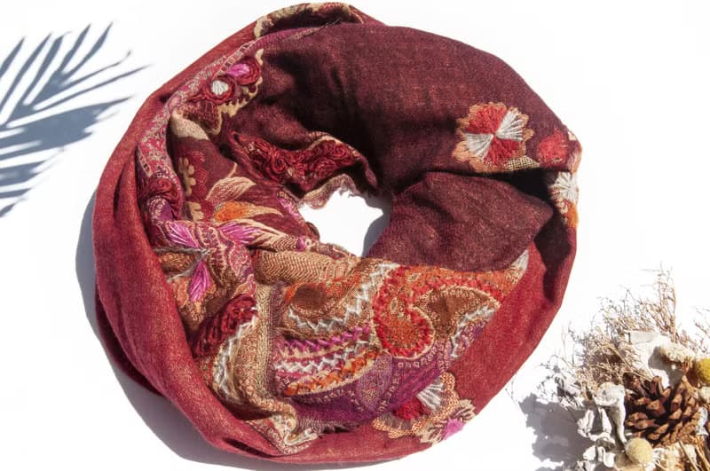 喀什米爾Cashmere/水煮羊毛披肩/針織圍巾/刺繡圍巾/羊絨披巾-花