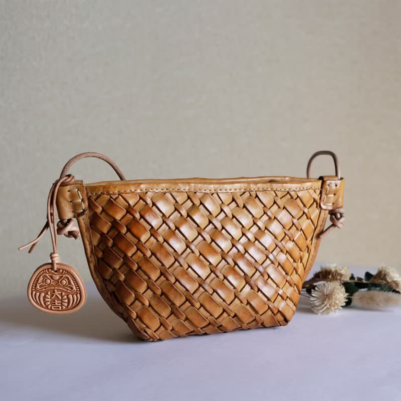 手編みヌメ革ショルダーバッグスマホポーチ小物入れ