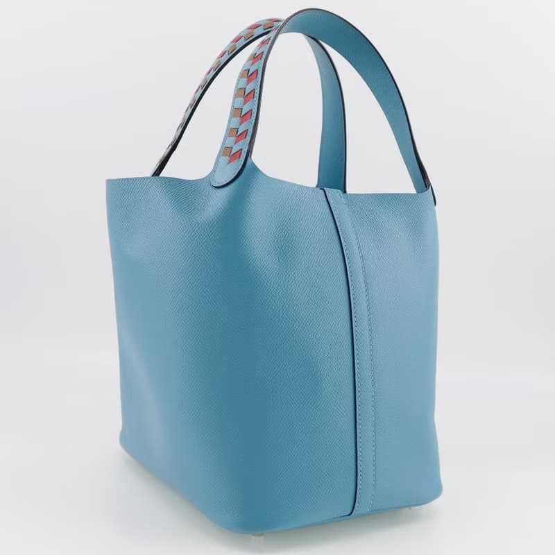 【日本直送】エルメス HERMES ピコタンロックMM ハンドバッグ トレサージュ ヴォーエプソン 水色 D レディース【中古】