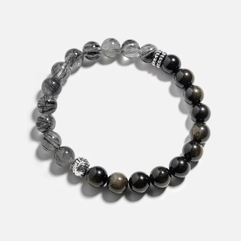 黑髮晶金沙黑曜石貔貅925銀情侶手鍊 不怕小人 水晶