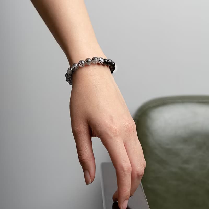 黑髮晶金沙黑曜石貔貅925銀情侶手鍊 不怕小人 水晶