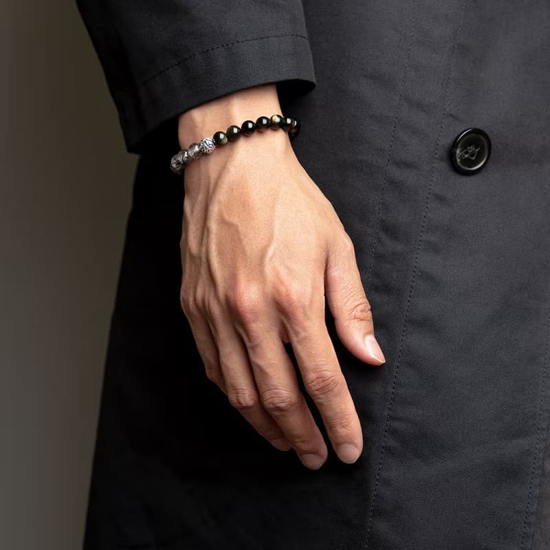 黑髮晶金沙黑曜石貔貅925銀情侶手鍊 不怕小人 水晶