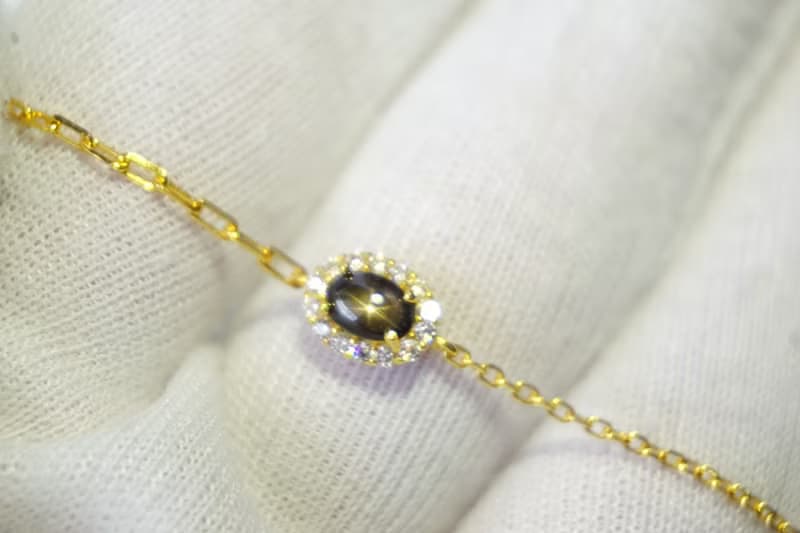 Natural Black Star Sapphire Bracelet Sterling Silver 925 With Gold Plated.