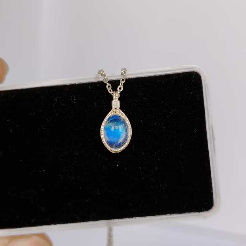 月光石吊墜 六月生辰石強光藍色月光石項鍊 925銀藍月光項鏈