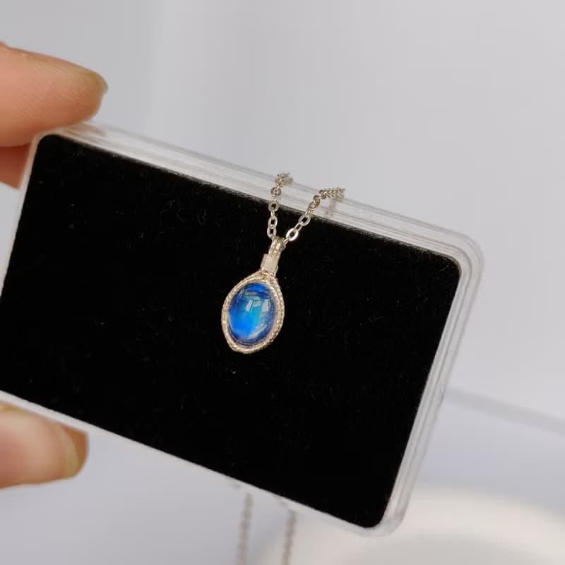 月光石吊墜 六月生辰石強光藍色月光石項鍊 925銀藍月光項鏈