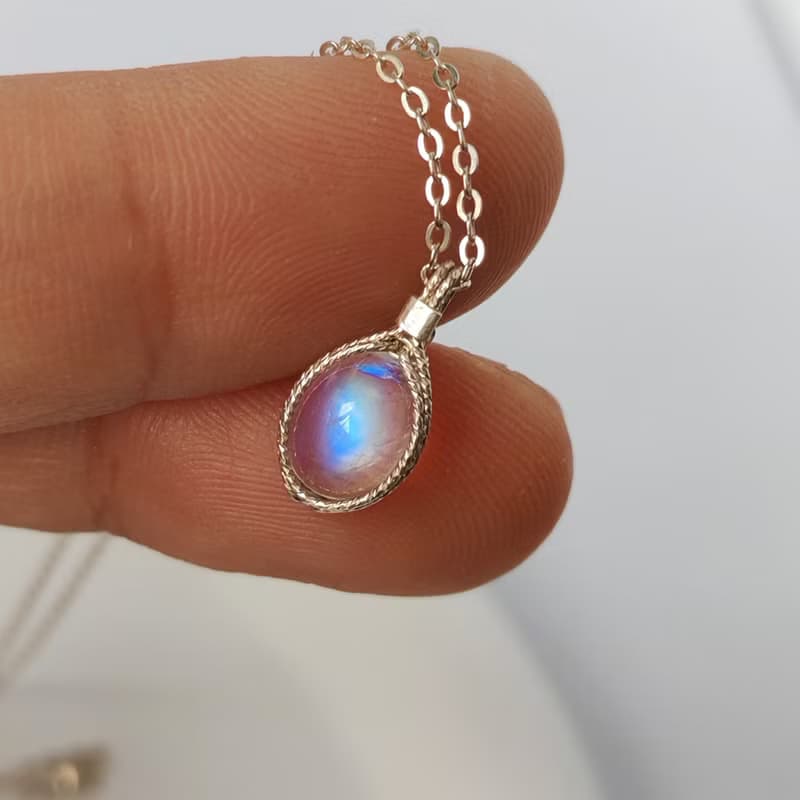 月光石吊墜 六月生辰石強光藍色月光石項鍊 925銀藍月光項鏈