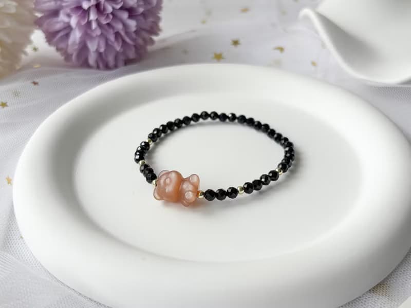 天然橙月光石小熊 黑尖晶 14K包金設計款手鍊