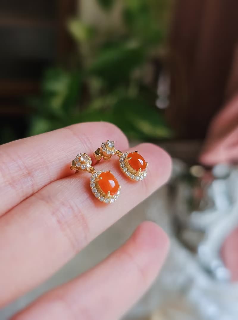 幸運•感情•除太歲|馬卡龍冰紅翡|緬甸A貨翡翠無燒紅翡蛋面耳環