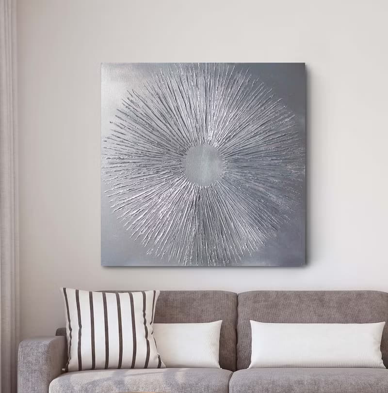 Silver painting canvas | Silver wall art | Silver abstract painting Silver Sun 2