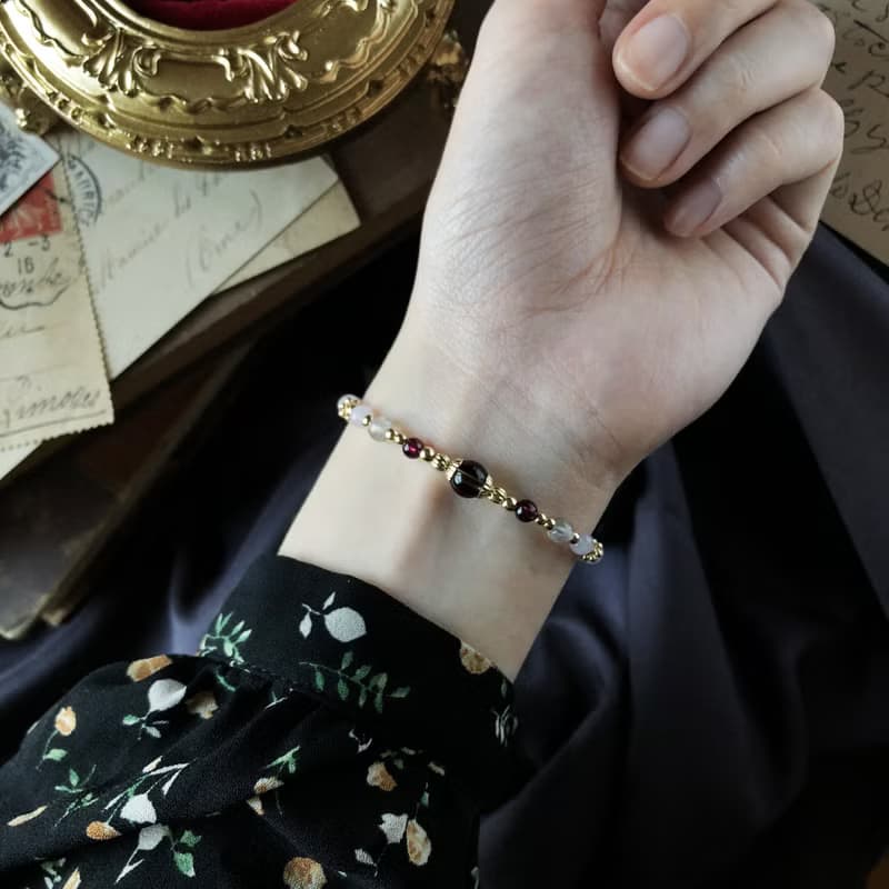 輝夜姬。茶晶 石榴石 薰衣草紫晶 拉長石 14KGP 天然石水晶 手鍊