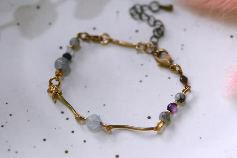幾何系列 NO.6│灰玉髓x拉長石x雲水晶x黃銅│黃銅手鍊