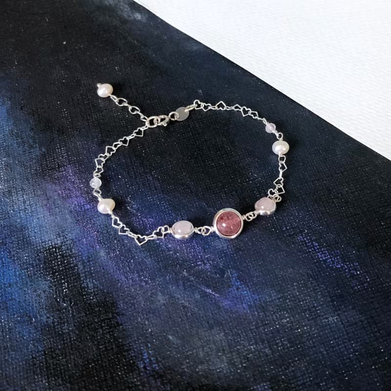 獨家 -草莓粉晶珍珠心形鏈 925純銀手鏈 情人節禮物