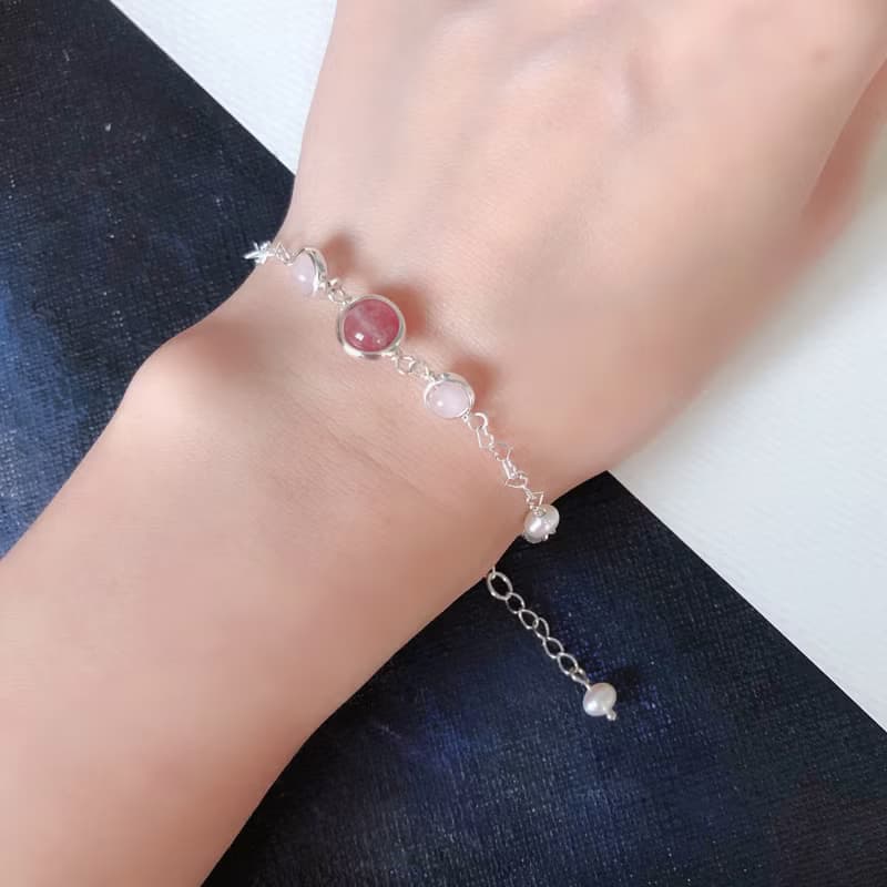 獨家 -草莓粉晶珍珠心形鏈 925純銀手鏈 情人節禮物