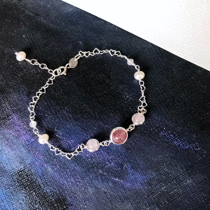 獨家 -草莓粉晶珍珠心形鏈 925純銀手鏈 情人節禮物