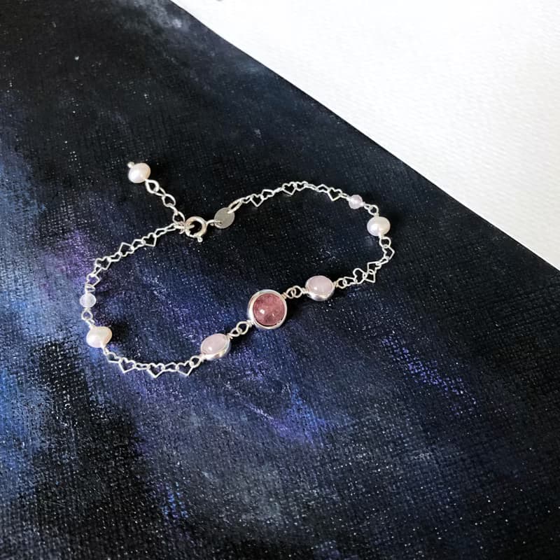 獨家 -草莓粉晶珍珠心形鏈 925純銀手鏈 情人節禮物