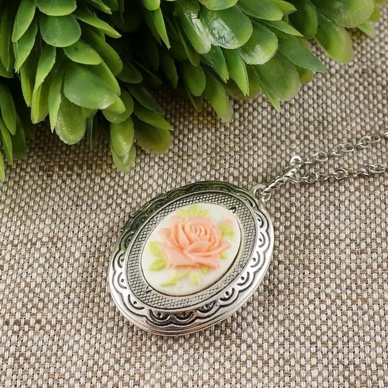 Pink Rose Cameo Silver Oval Photo Locket Floral Pendant Necklace Woman Jewelry