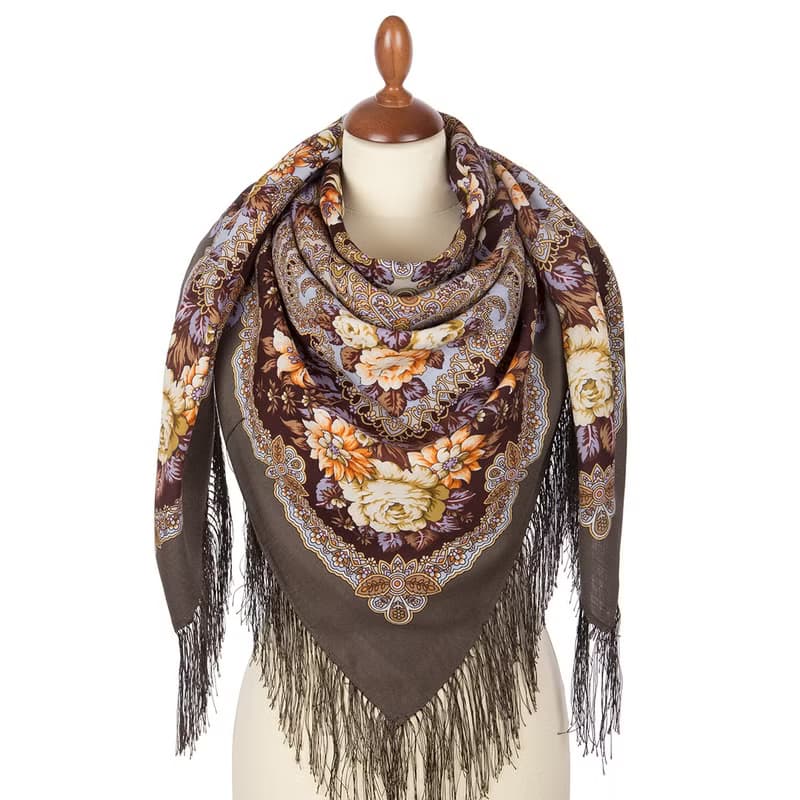 Pavlovo Posad Russian Shawl 100% Wool Scarf 125x125 cm Wrap Silk Fringe 1882-2