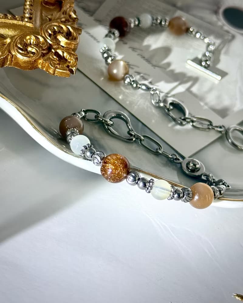 鞦楓暖月下氣質水晶手鍊 - 紅銅髮晶/太陽石/月光石