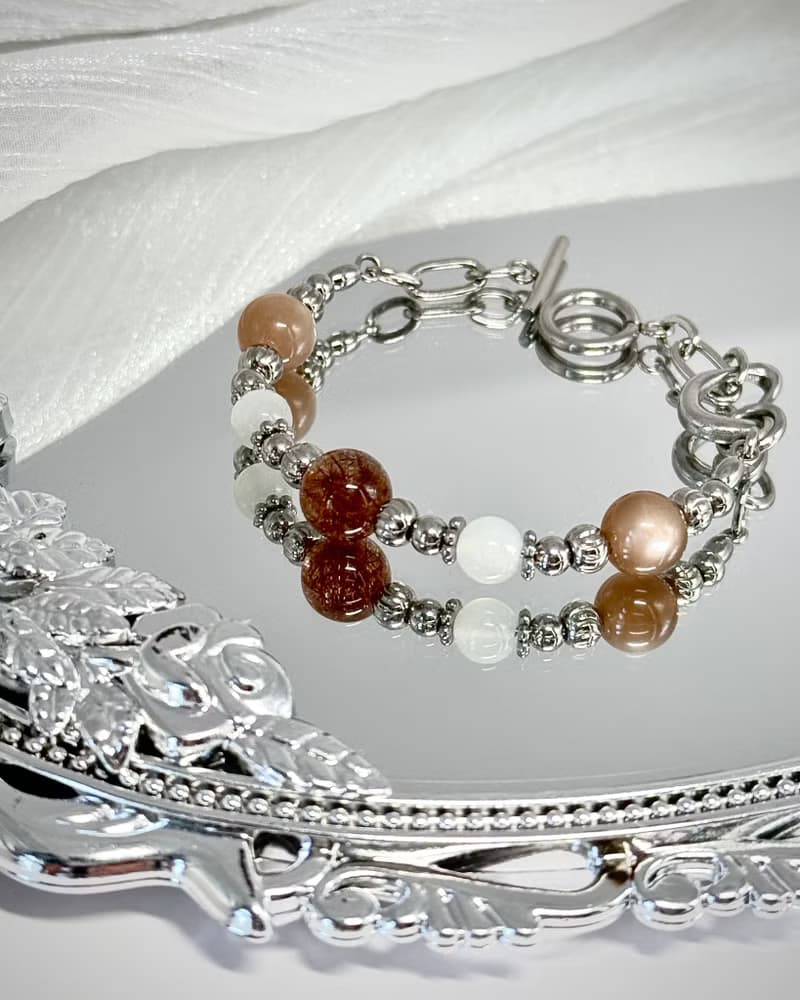 鞦楓暖月下氣質水晶手鍊 - 紅銅髮晶/太陽石/月光石