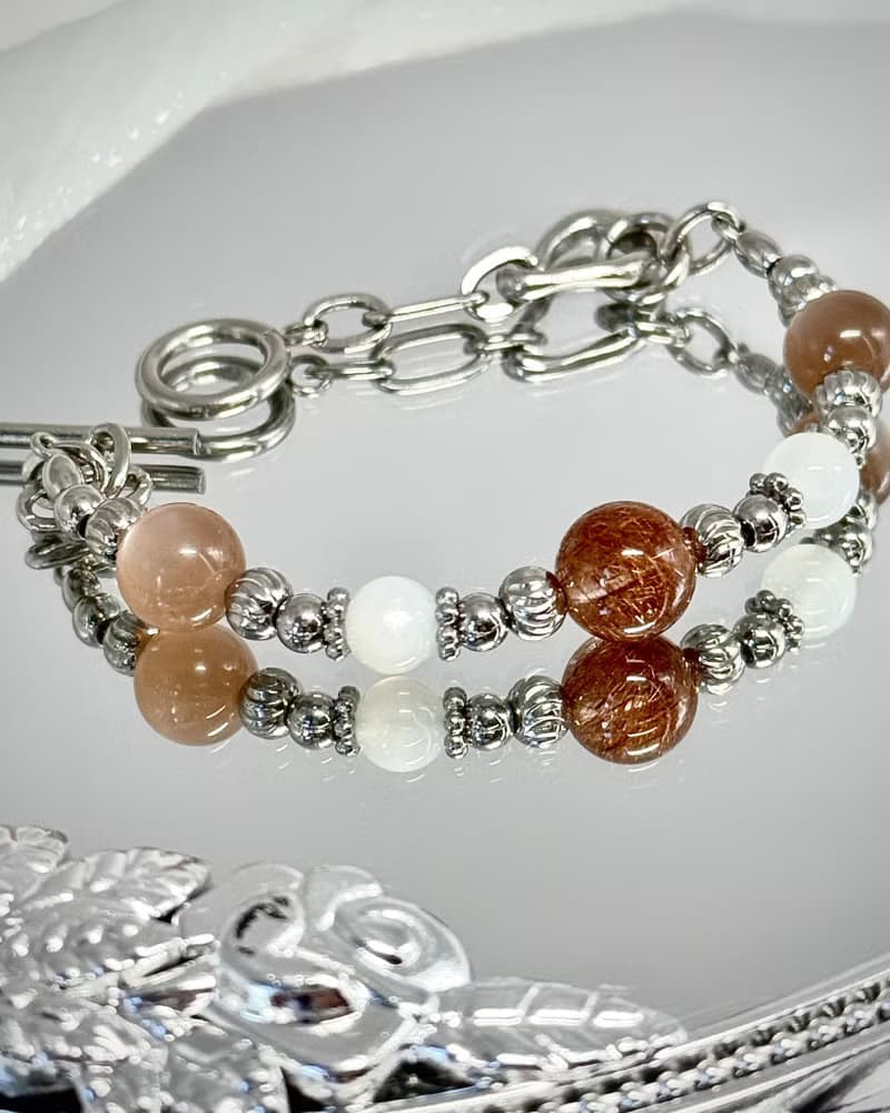 鞦楓暖月下氣質水晶手鍊 - 紅銅髮晶/太陽石/月光石