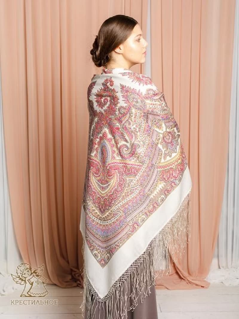Pavlovo Posad Russian Shawl 100% Wool Scarf 148x148 cm Silk Fringe 1290-2